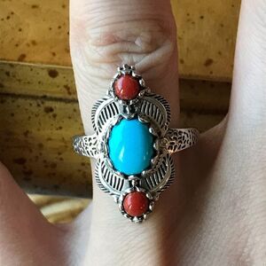 Sleeping Beauty Turquoise Coral Sterling Silver Feather Ring Size 8